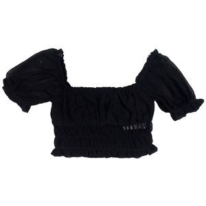 F21 Black Sheer Off the Shoulder Smocked Peasant Crop Top